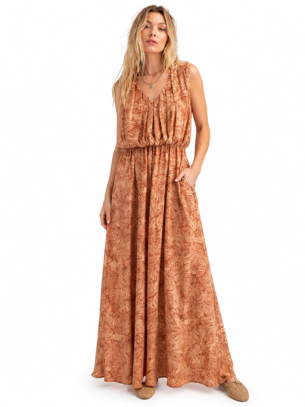 Sleeveless Rust Palm-Print Maxi Dress